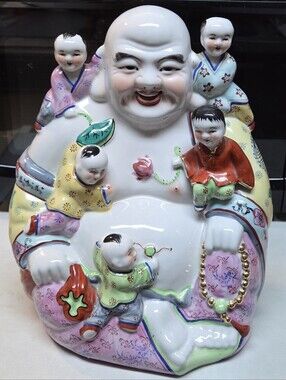 Vtg Chinese Porcelain Happy Buddha with Five Children 11x10x6"